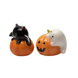 Halloween Kitty Bat And Ghost On Pumpkin Salt And Pepper Shaker Set