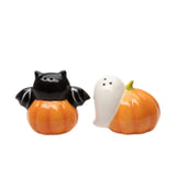 Halloween Kitty Bat And Ghost On Pumpkin Salt And Pepper Shaker Set