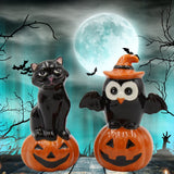 Halloween Owl And Black Cat On Pumpkin Salt And Pepper