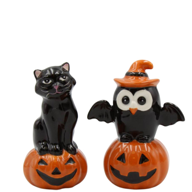 Halloween Owl And Black Cat On Pumpkin Salt And Pepper