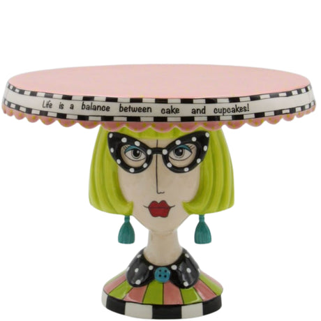 Ceramic Dollymama Green Hair Lady Cake Stand Life is a Balance Cupcakes