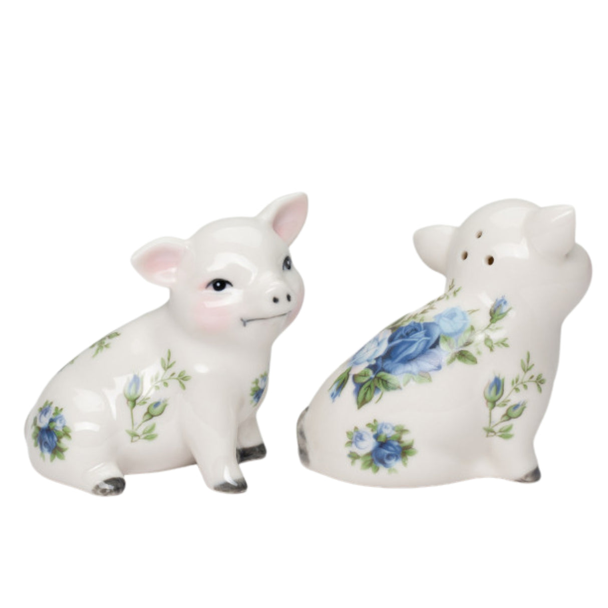 Victorian Pig With Blue Rose Patten Salt And Pepper Shaker Set