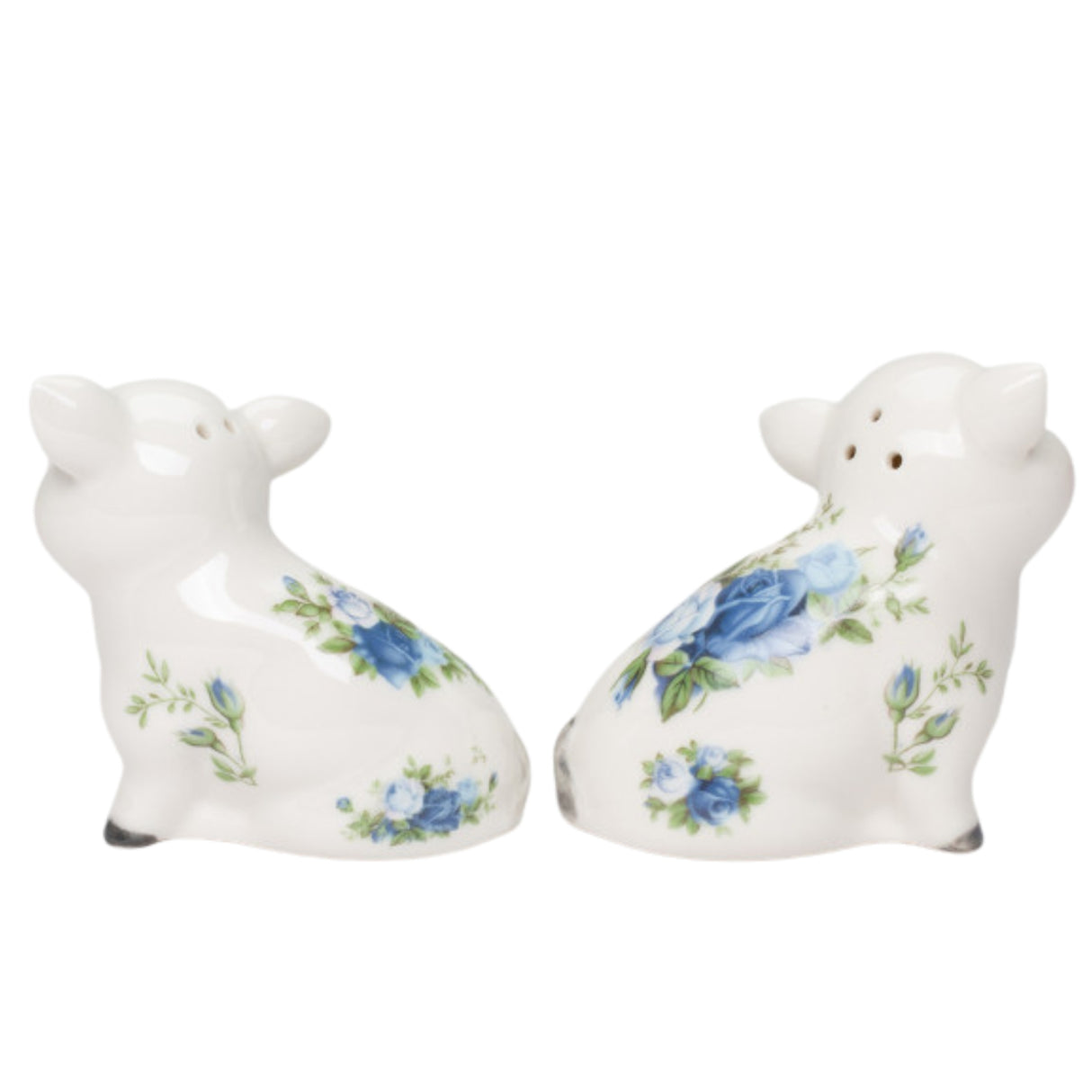 Victorian Pig With Blue Rose Patten Salt And Pepper Shaker Set