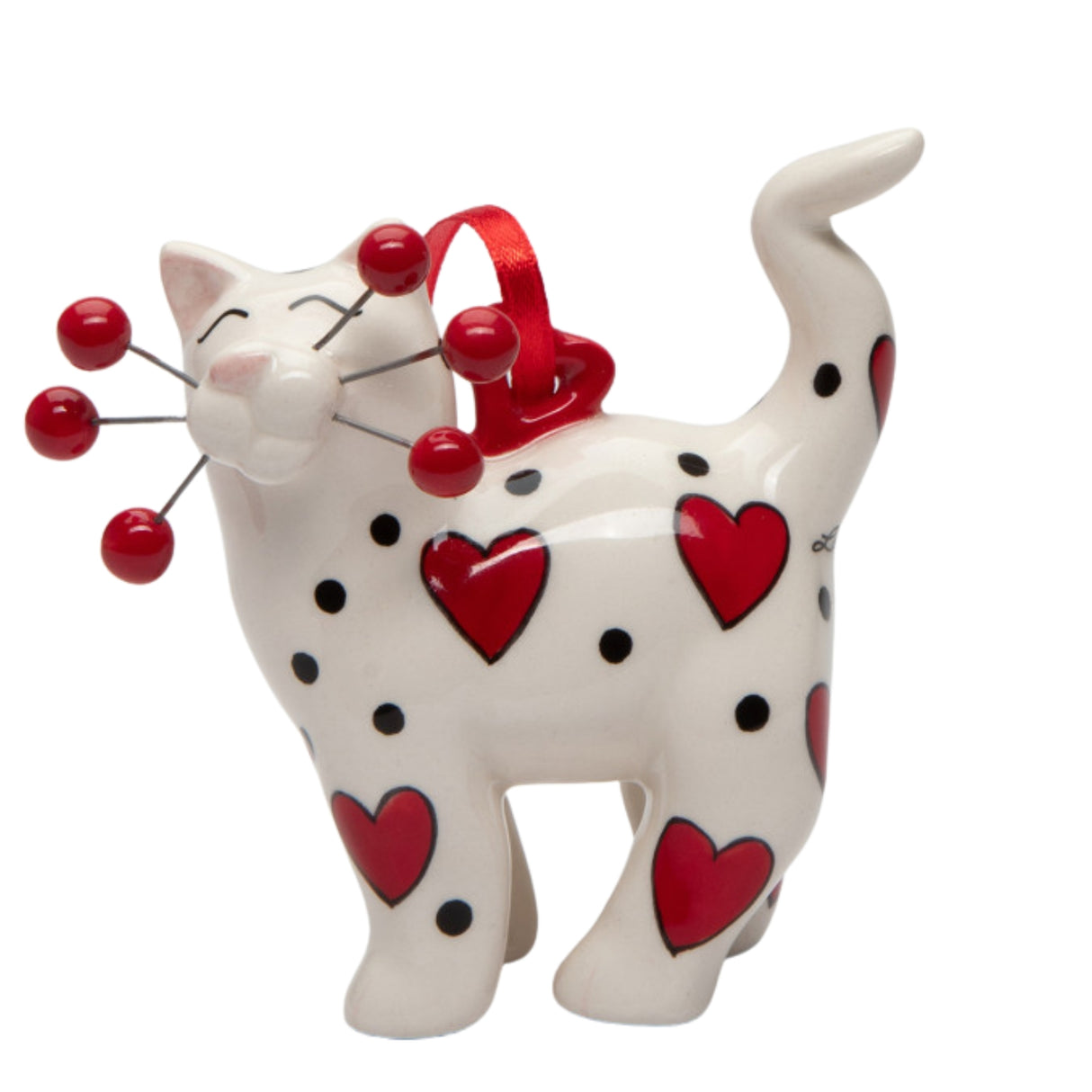 Whimsical Whisker Cat Ornament -Red Whiskers Hearts