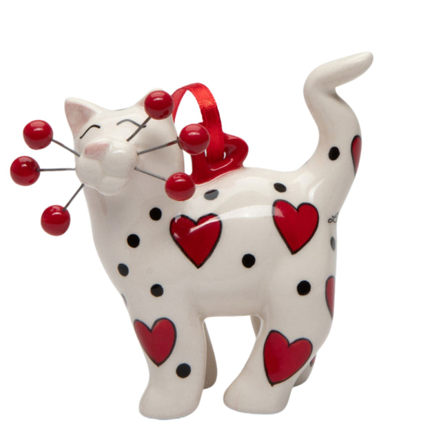 Whimsical Whisker Cat Ornament -Red Whiskers Hearts