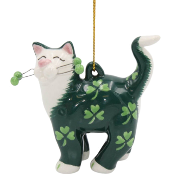 Whimsical Whisker Cat Ornament -Green Shamrocks