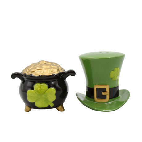 St Patricks Day Gold Green Top Hat Salt Pepper Shaker Set