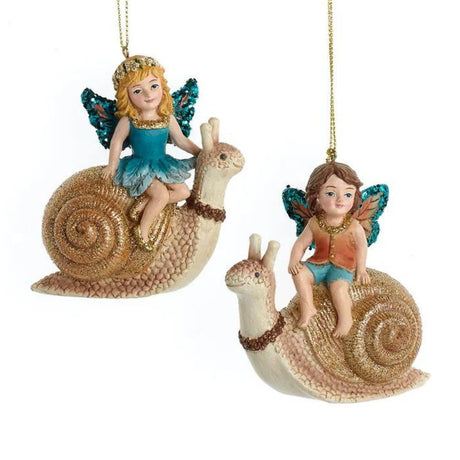 Magical Woods Boy & Girl Fairies Sitting on Snail Ornaments