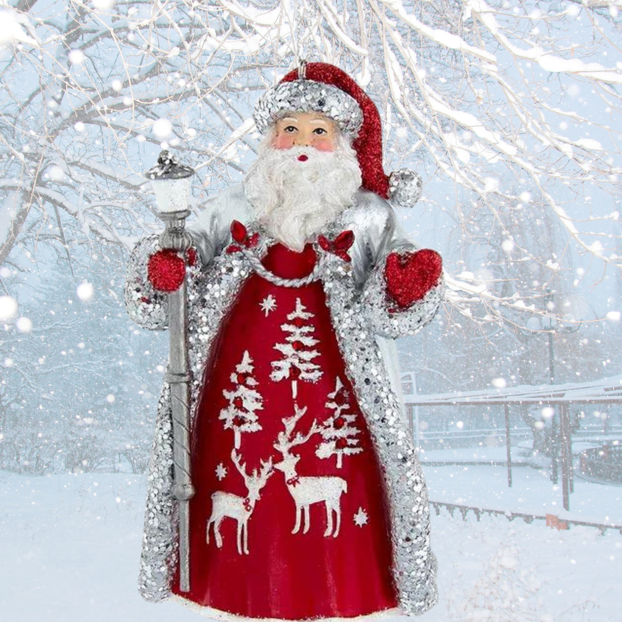 Crimson Silver Ice Red & Silver Santa Ornament with staff