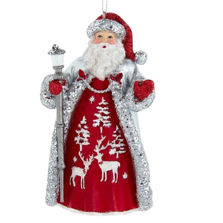 Crimson Silver Ice Red & Silver Santa Ornament with staff