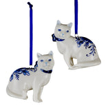 Porcelain Delft Blue Cat Ornaments Set of 2