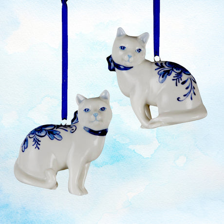 Porcelain Delft Blue Cat Ornaments Set of 2