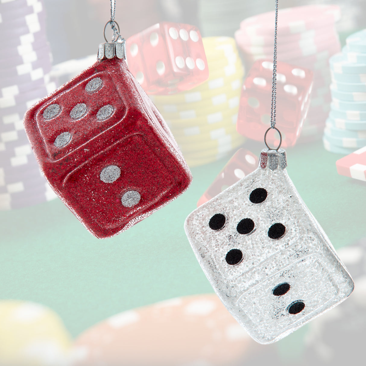 Glass Red & White Dice Ornaments Set of 2