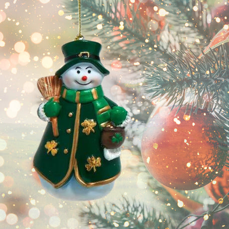 Irish Snowman Ornament with Broom Stick Pot of Gold