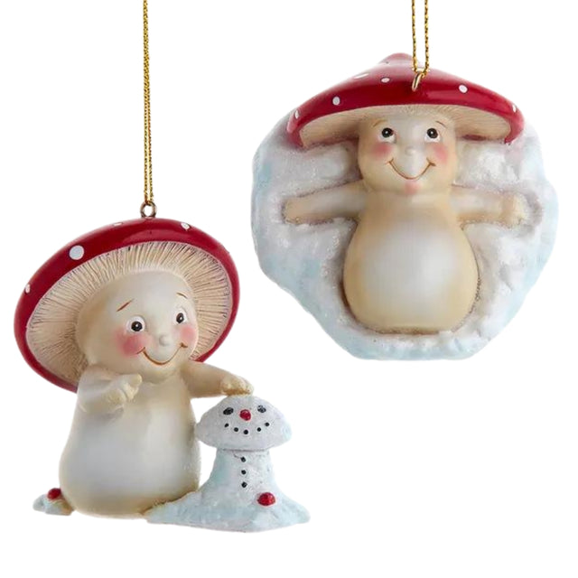 Merry Little Mushroom Having Fun In Snow Ornaments Set of 2