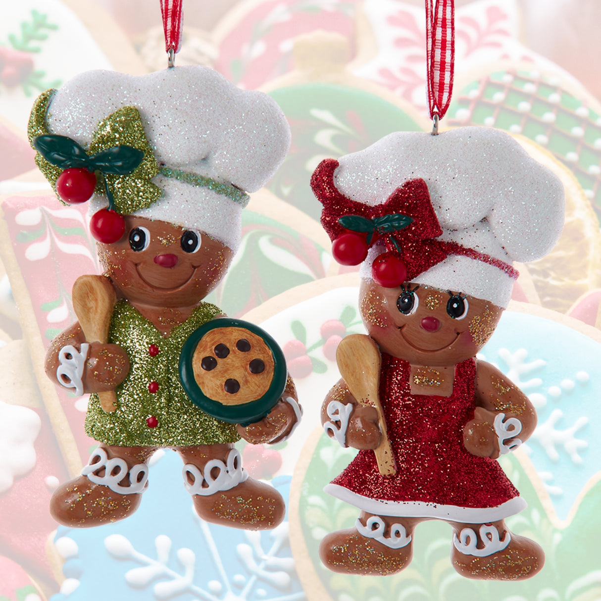 Gingerbread Boy & Girl With Spoon Bakery Ornaments Set of 2