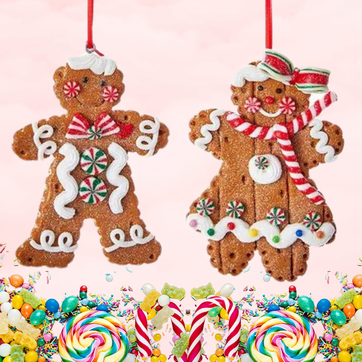 Peppermint Candy Gingerbread Boy Girl Ornamnet Set #1