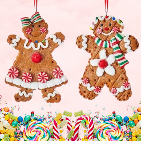 Peppermint Candy Gingerbread Boy Girl Ornamnet Set #2