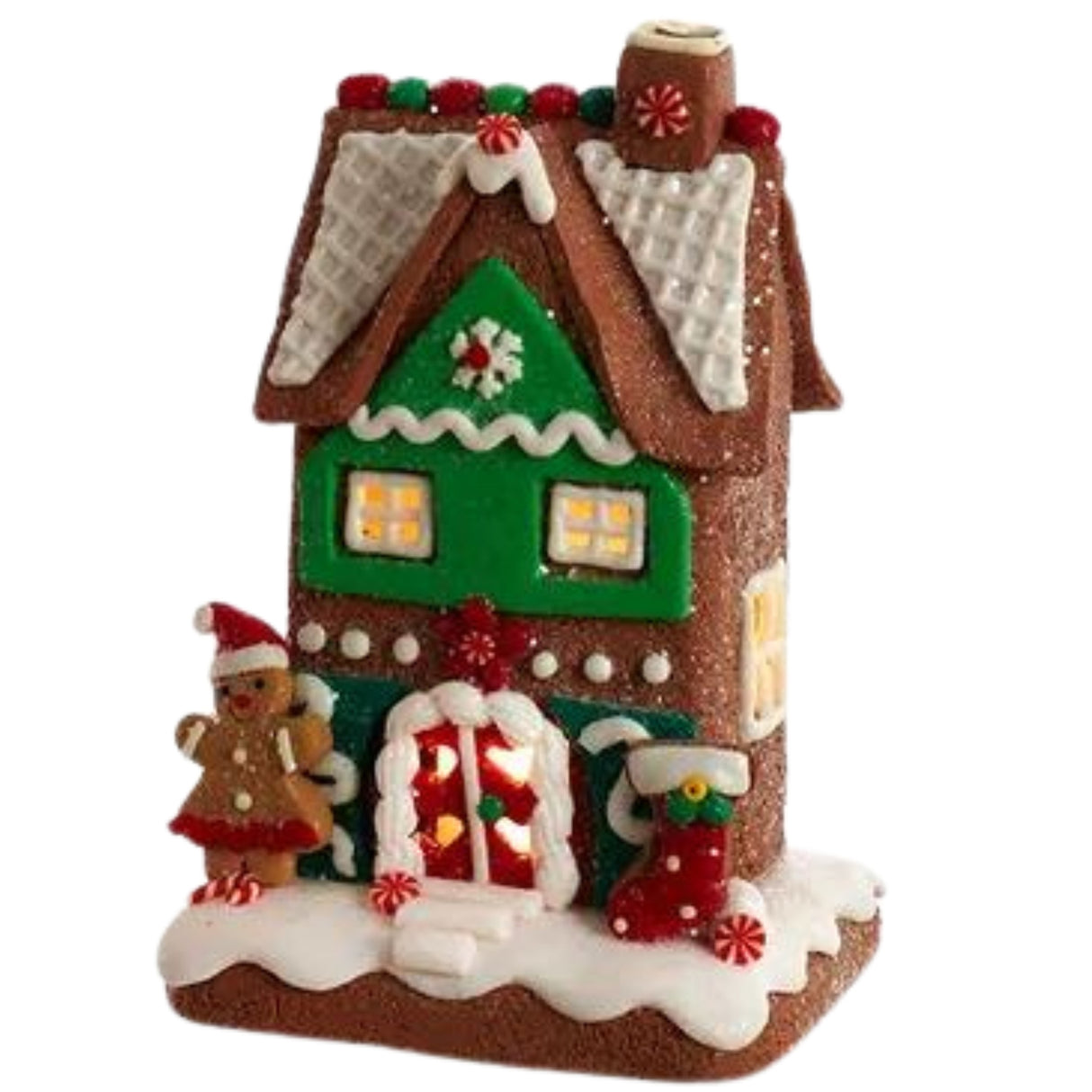 6" Tradional Gingerbread House with Stocking & Gingerbread Girl LED