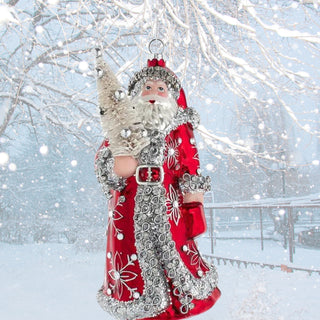 Crimson Silver Ice Glass Red & Silver Santa With Tree Ornament