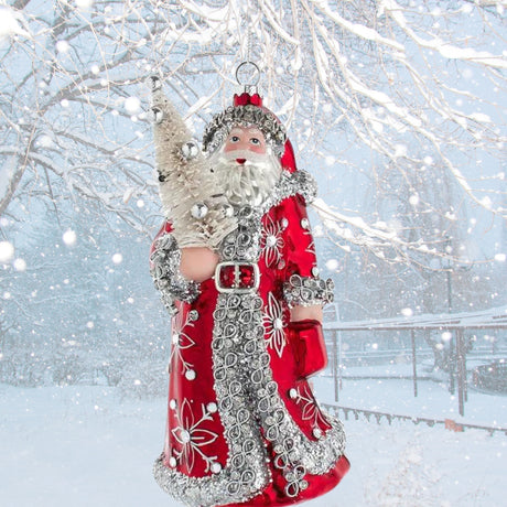 Crimson Silver Ice Glass Red & Silver Santa With Tree Ornament