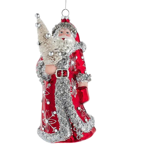 Crimson Silver Ice Glass Red & Silver Santa With Tree Ornament