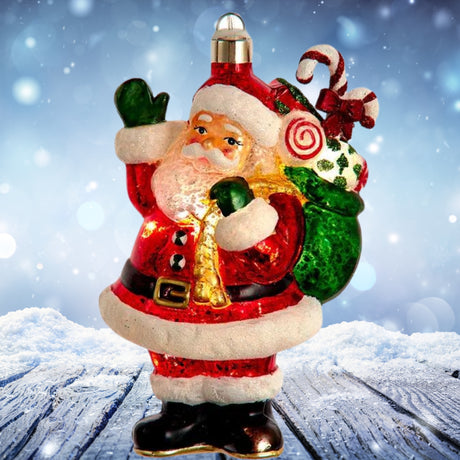 Illuminated Gems Glass USB Warm White LED Santa With Gift Bag Ornament