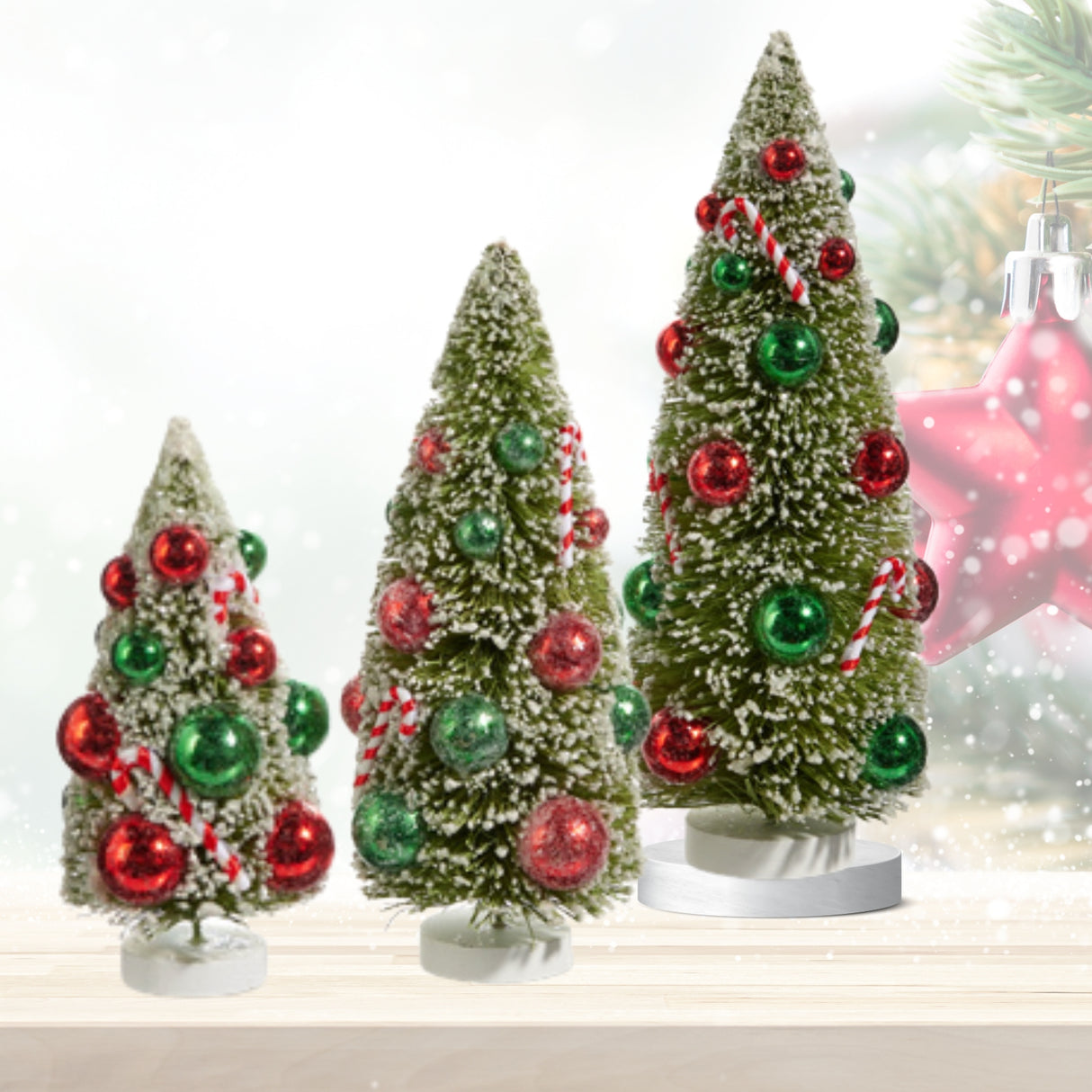 Raz 12" Set of 3 Snowy Christmas Bottle Brush Trees with Candy Cane Ornaments