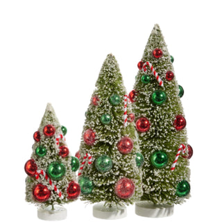 Raz 12" Set of 3 Snowy Christmas Bottle Brush Trees with Candy Cane Ornaments