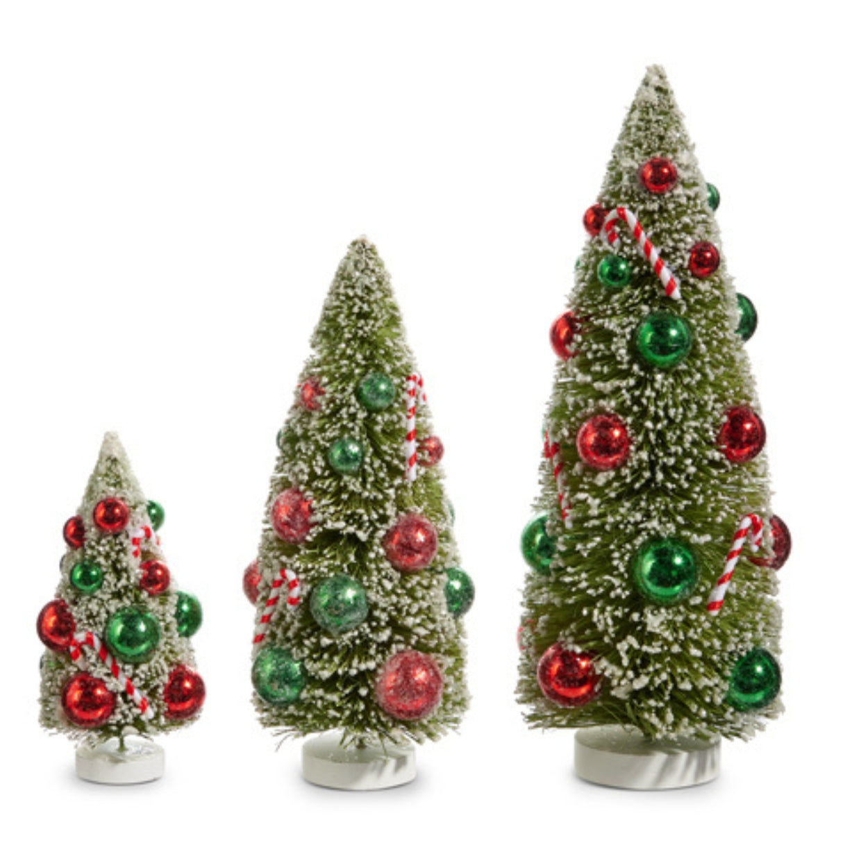 Raz 12" Set of 3 Snowy Christmas Bottle Brush Trees with Candy Cane Ornaments