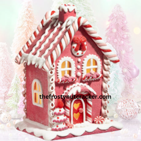 Raz 9" Pink Gingerbread House Christmas with Wreath