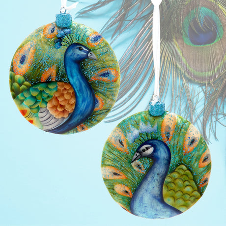 Peacock Flat Disc Ornaments, 2 Assorted