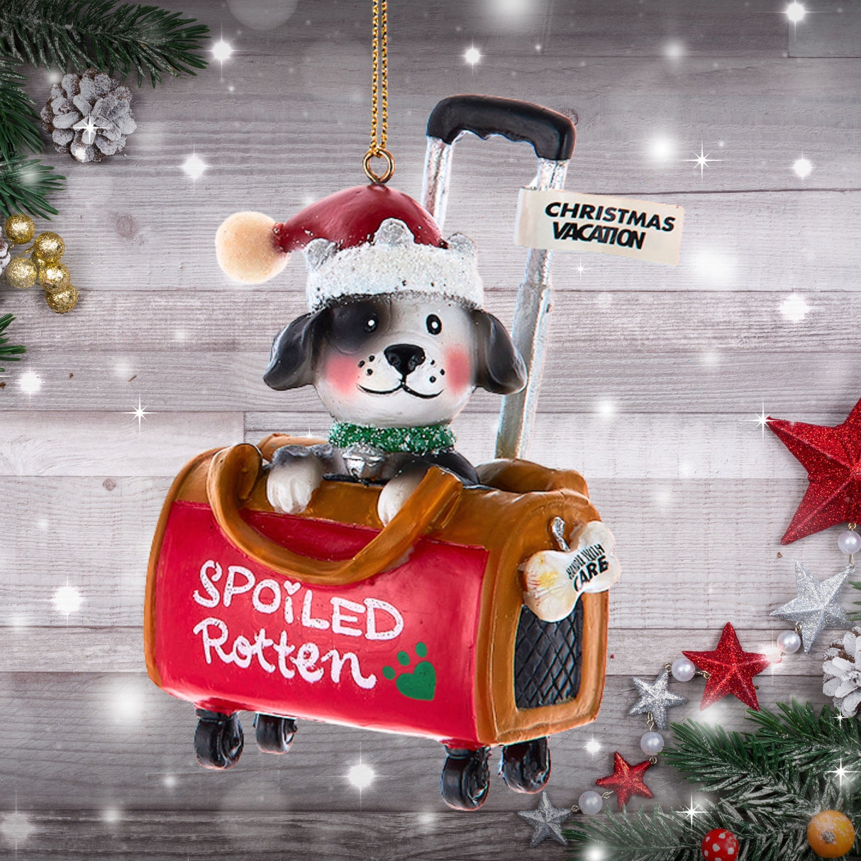 Spoiled Rotten Puppy Dog Traveling Christmas Ornament