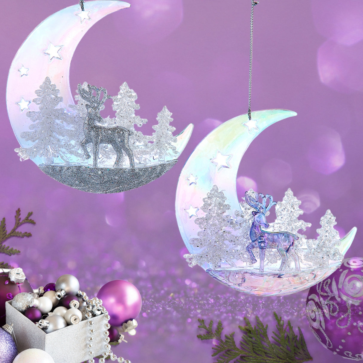 Kurt Adler Moon With Deer Ornament Set of 2