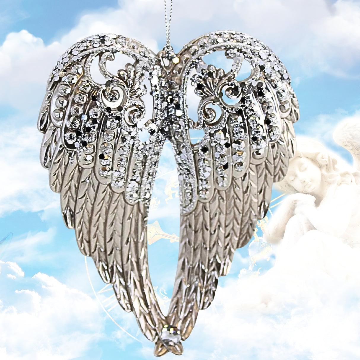 6" Acrylic Platinum Silver Gems Angel Wings