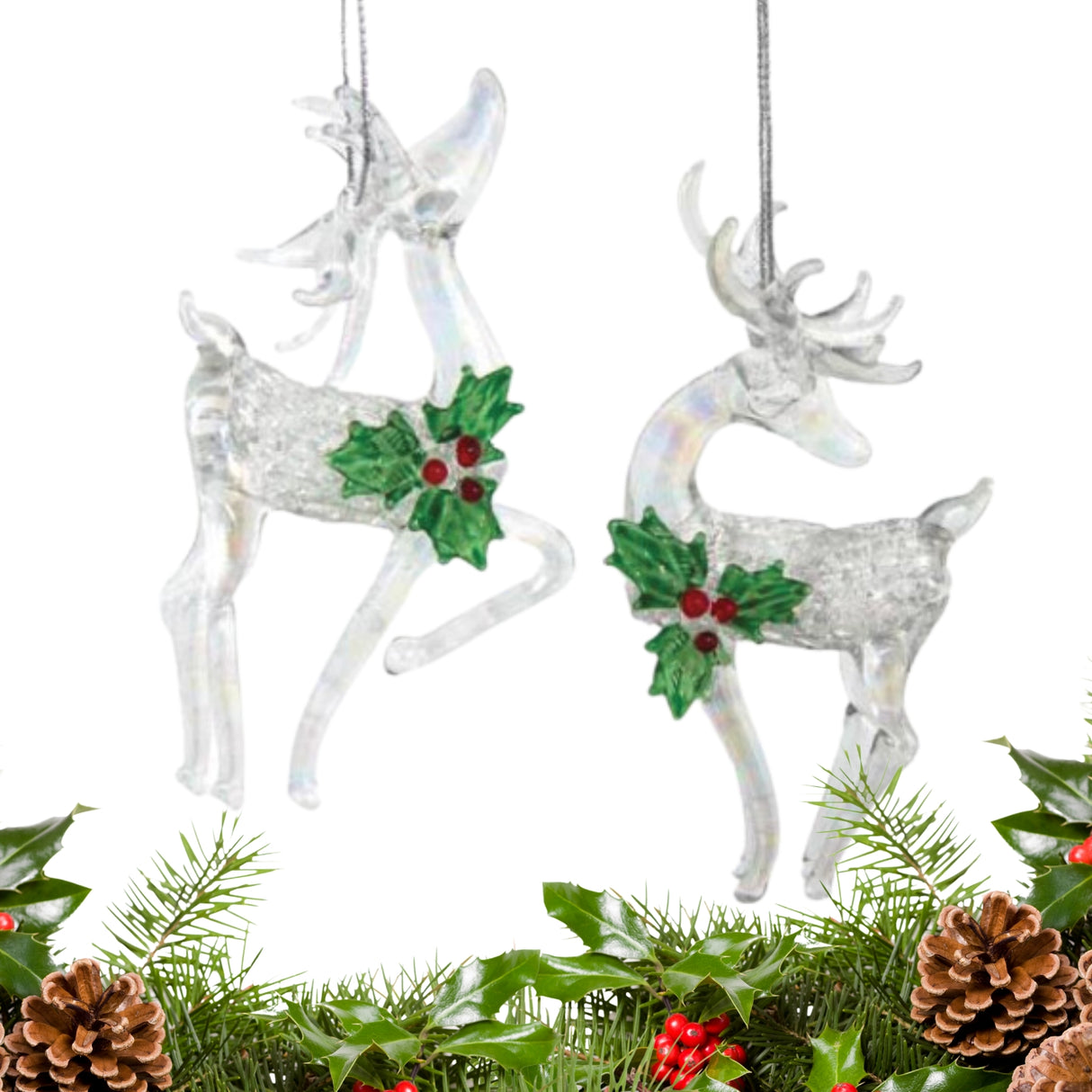 Kurt S Adler 5.5" Glass Holly Berry Deer Christmas Ornament Set