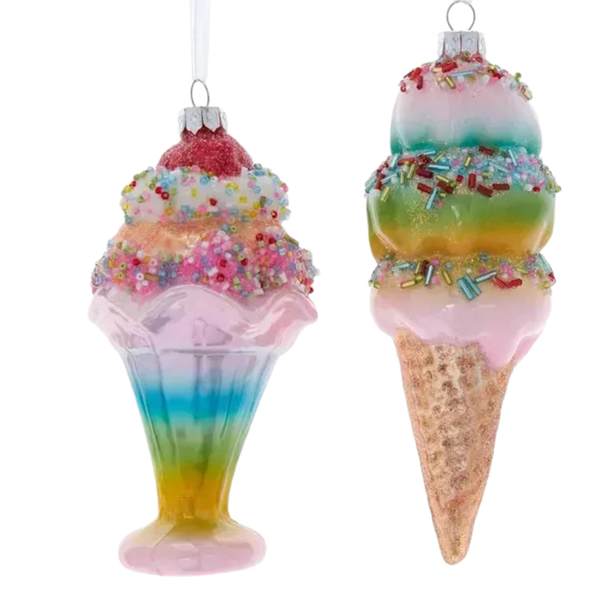 6" Set of 2 Glass Pastel Multicolored Ice Cream Ornaments T2749