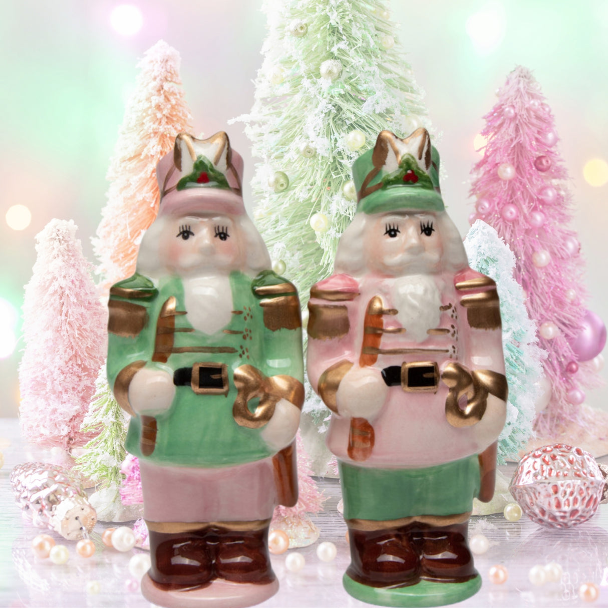 Christmas Pastel Nutcracker Salt And Pepper Shaker Set Pink Green