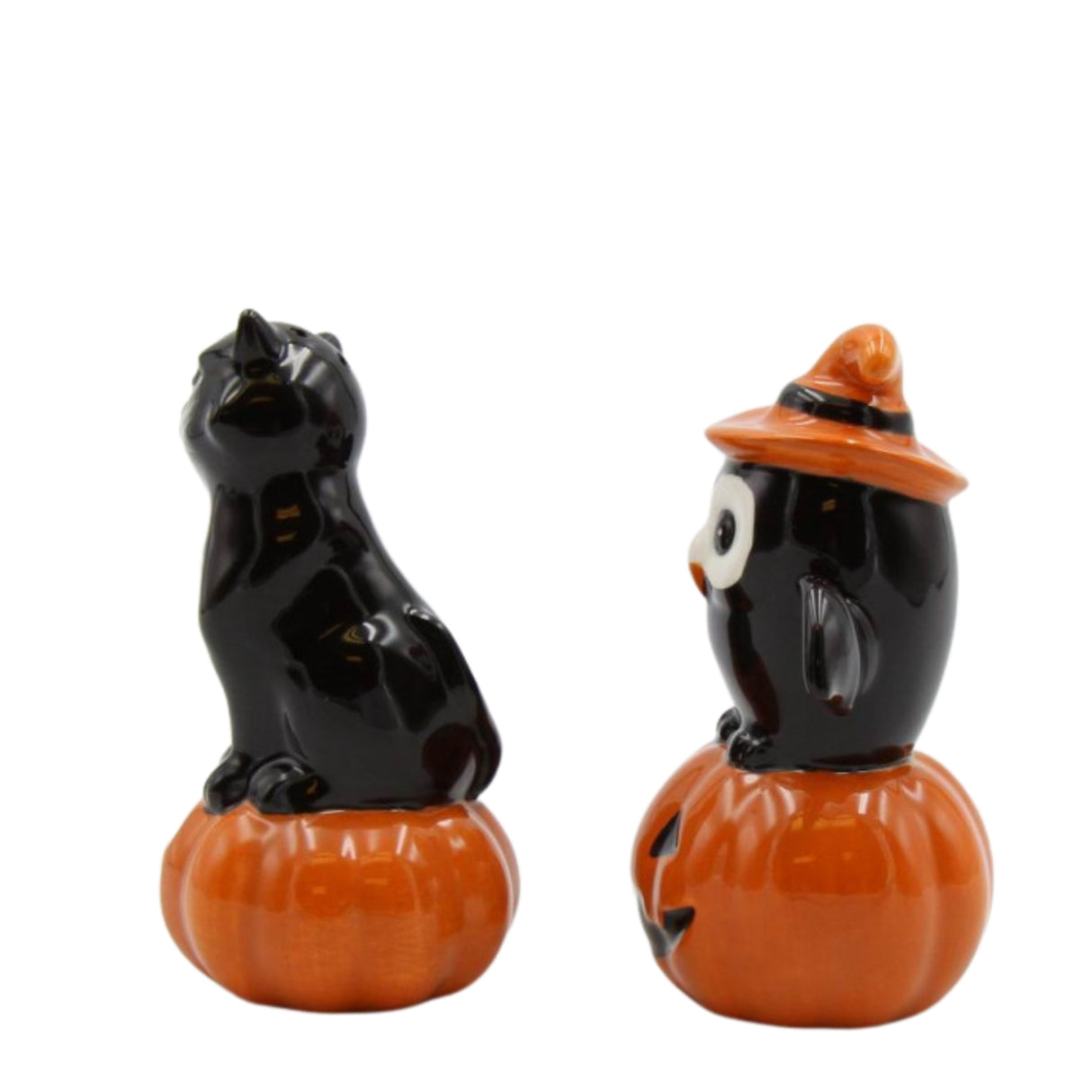 Halloween Owl And Black Cat On Pumpkin Salt And Pepper