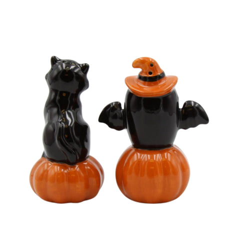 Halloween Owl And Black Cat On Pumpkin Salt And Pepper