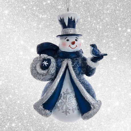 Blue and Silver Snowman With Bird Ornament