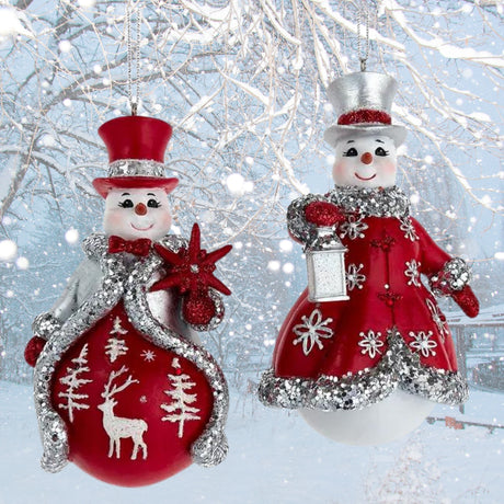 Red & Silver Snowman Ornament Set of 2