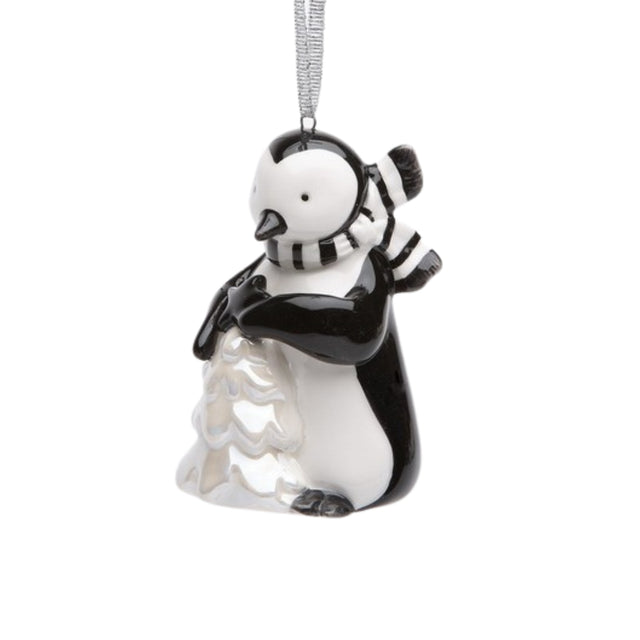 Christmas 2024 Whimsical Black White Penguin With Gift Tree Ornament