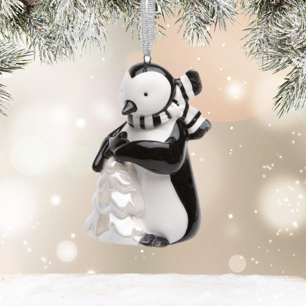 Christmas 2024 Whimsical Black White Penguin With Gift Tree Ornament