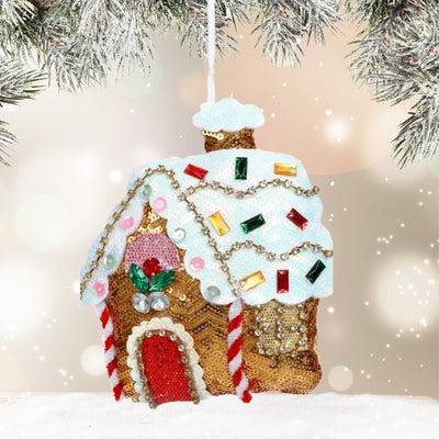 Gingerbread House Sequin Hansel & Gretel Ornament, 5 in