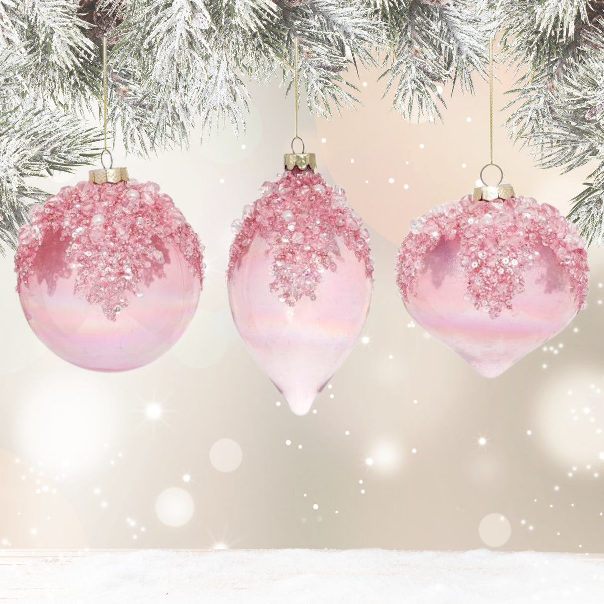 Pink Jeweled Drop Ornaments Set of 3