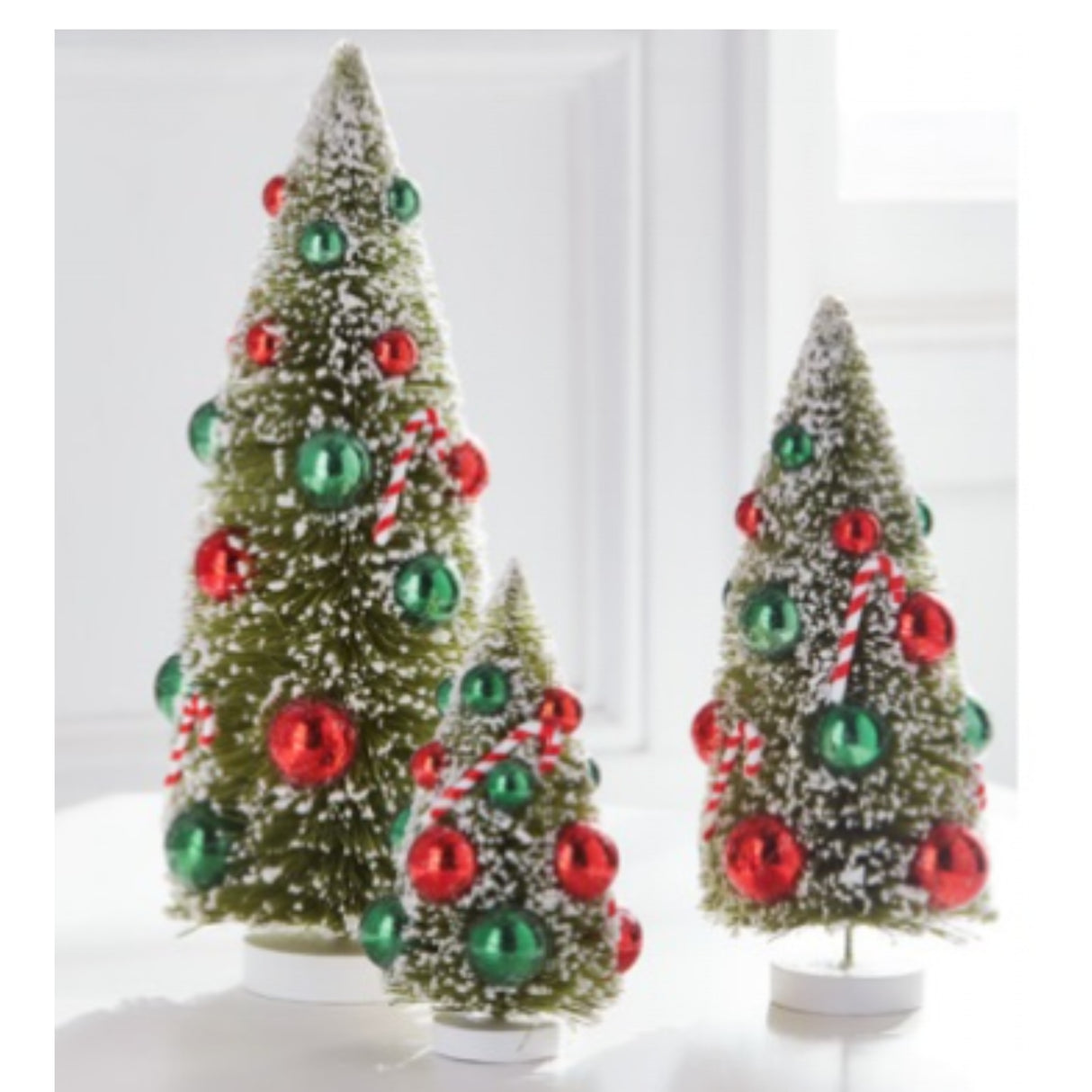 Raz 12" Set of 3 Snowy Christmas Bottle Brush Trees with Candy Cane Ornaments