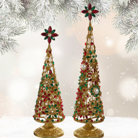 Raz 19" Pearl and Jeweled Trees with Gold Glitter