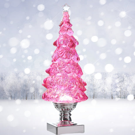 RAZ 14" Lighted Pink Tree With Swirling Glitter Battery Timer Christmas Silver