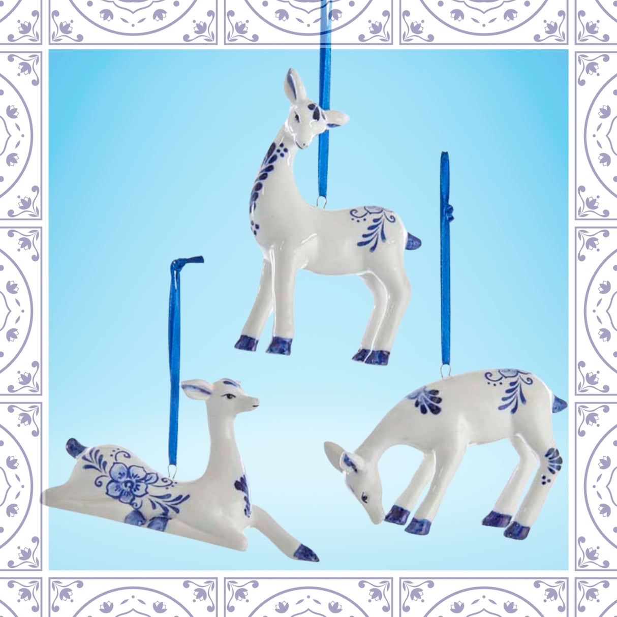 Blue Floral Scroll Porcelain Delft Deer Ornament Set of 3